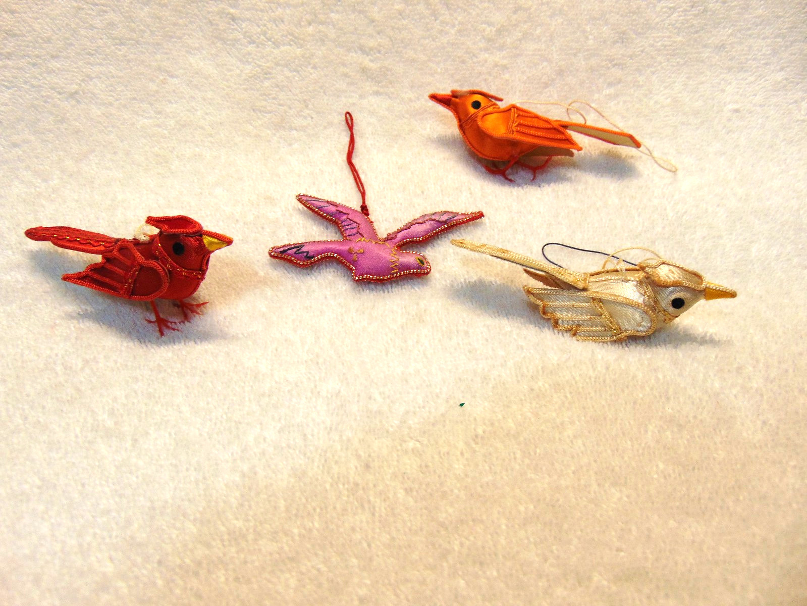 Set of 4 Small Satin/Silk Covered Bird Christmas Tree Ornaments  #J