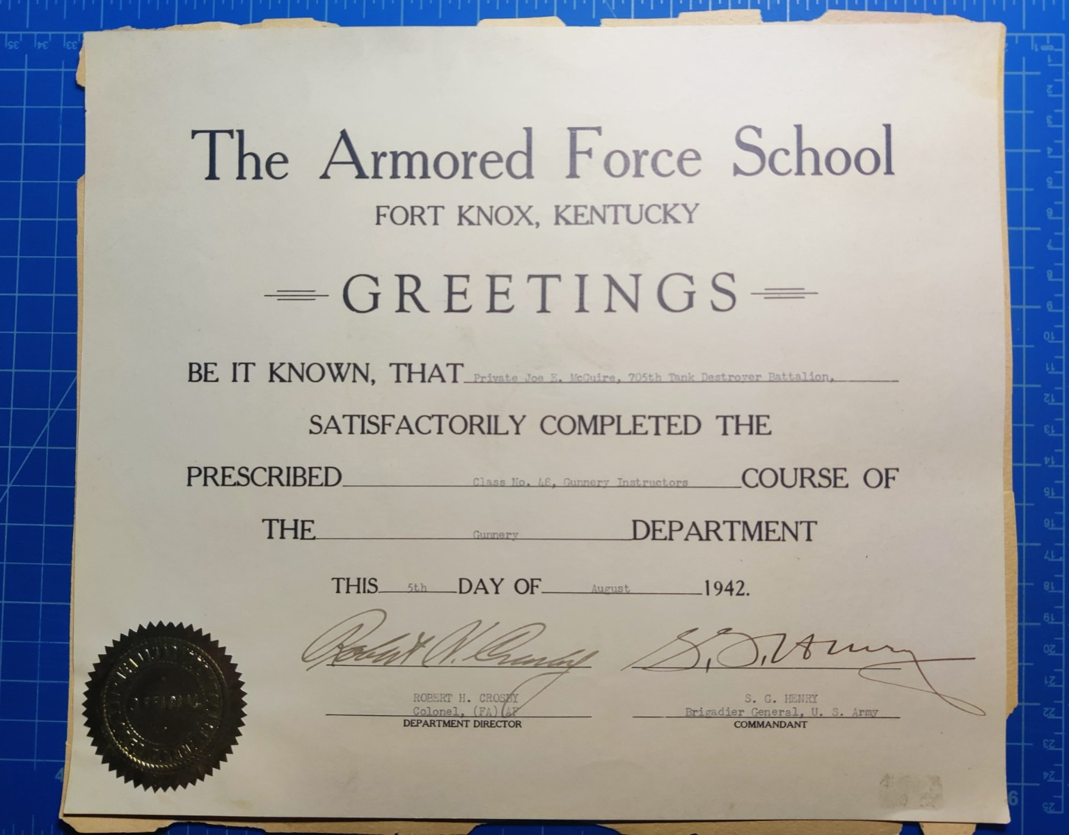 1942 WWII 705th Tank Destroyer Battalion Gunnery Certificate Fort Knox KY