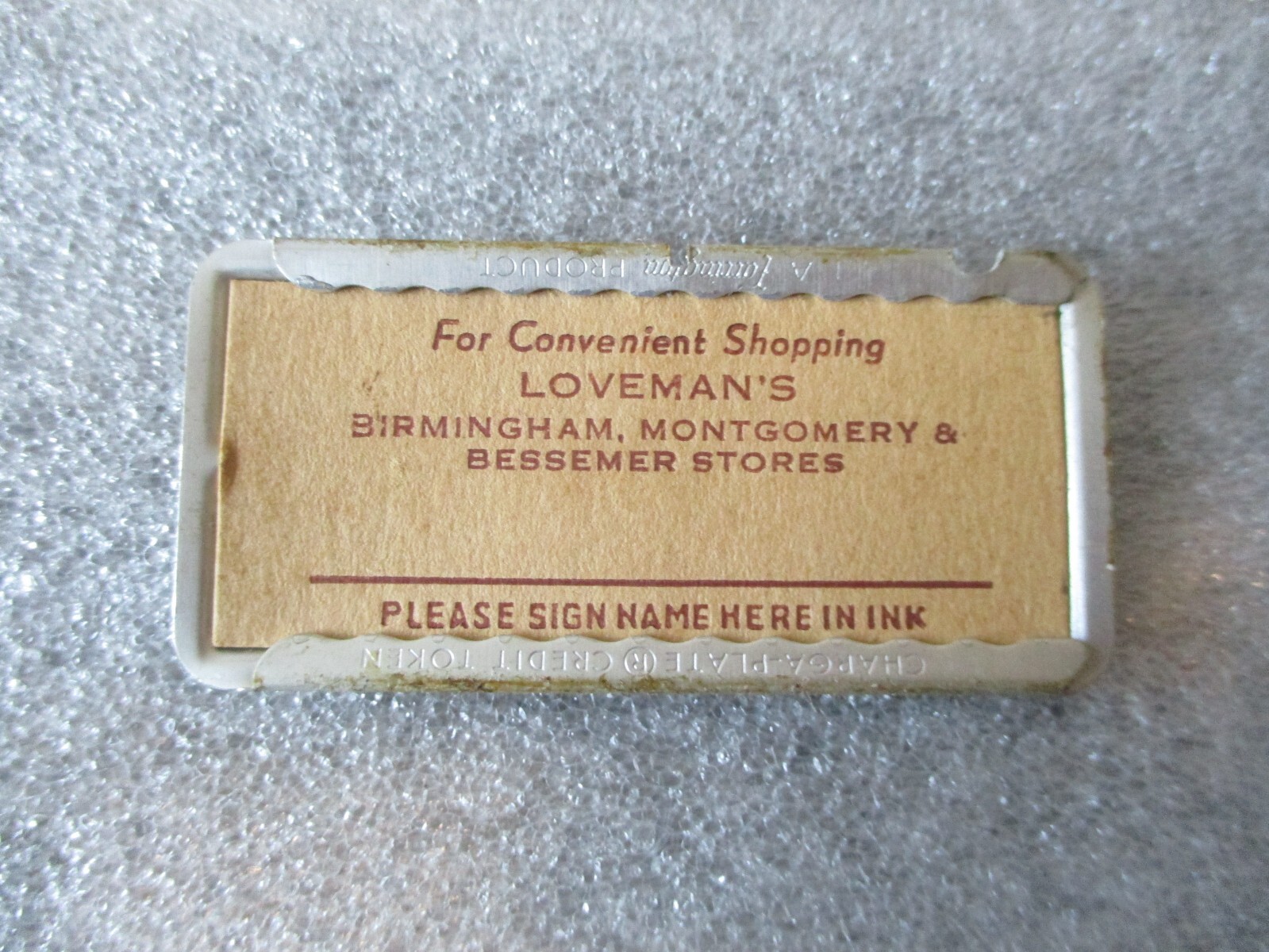 VINTAGE LOVEMANS BIRMINGHAM AL CHARGE PLATE CREDIT CARD DEPT STORE-ADDRESSOGRAPH