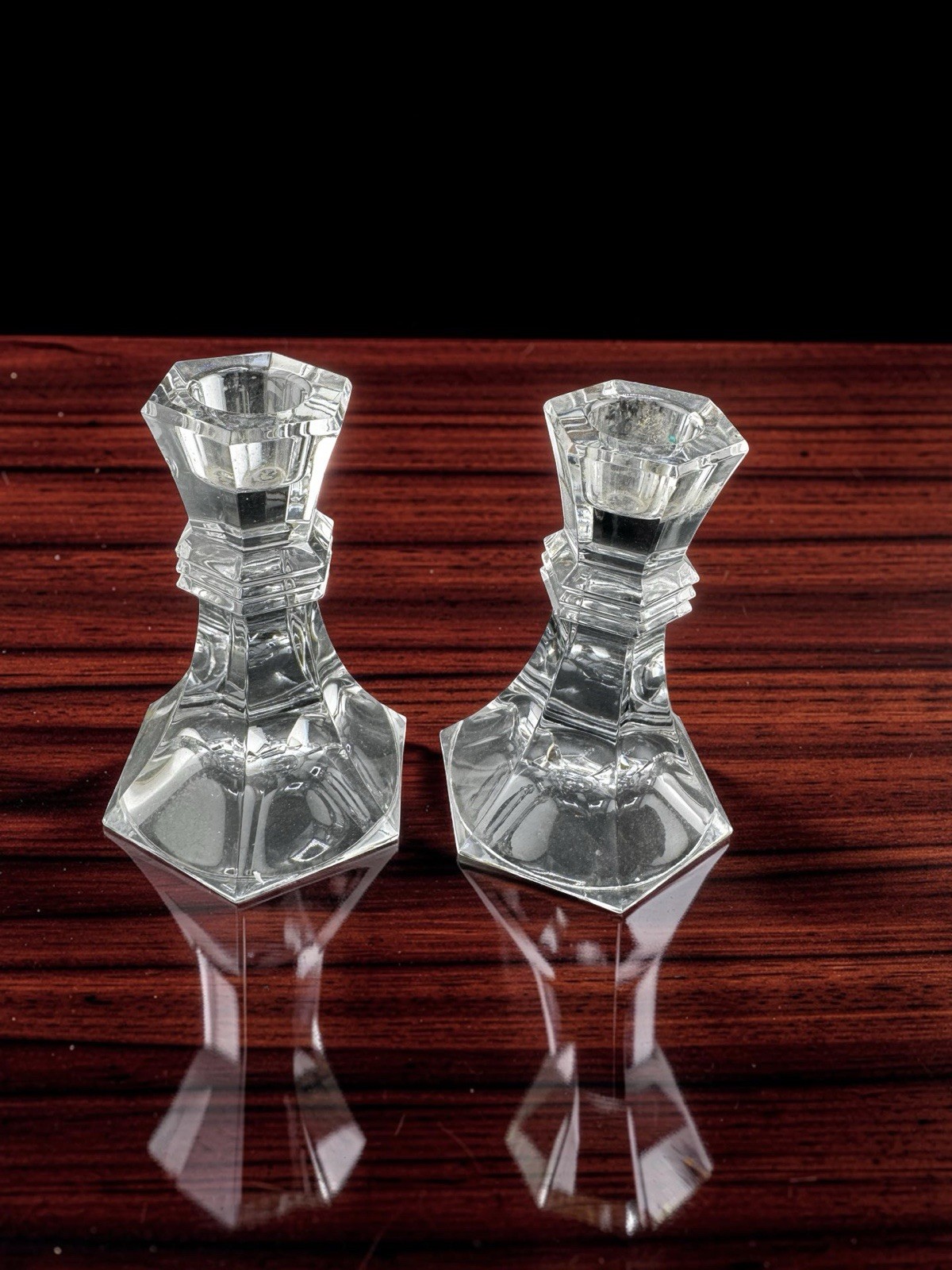 Pair Clear Cut Glass Candlesticks Faceted Geometric Vintage 5.5 Inch Tall