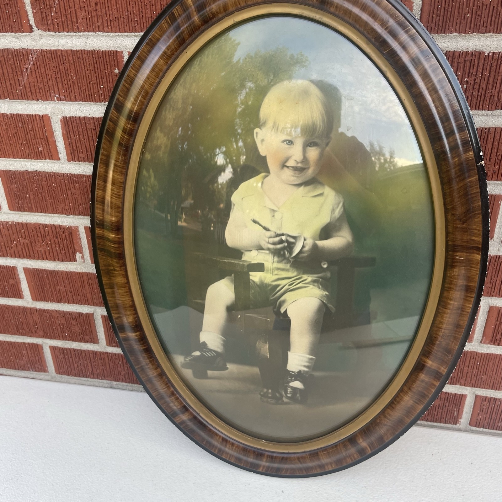 Vintage Hand Tinted Child Portrait Photograph Framed Oval Glass 16x20 Art