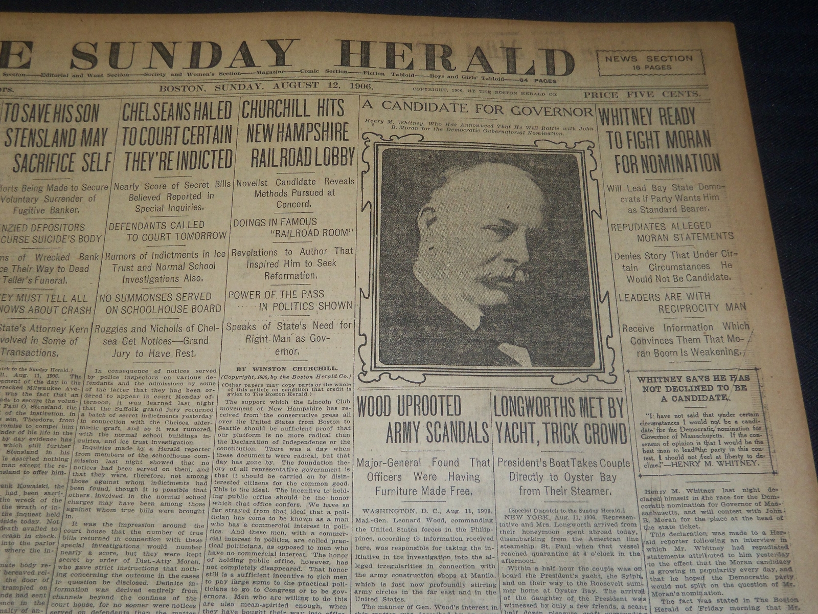 1906 AUGUST 12 THE BOSTON HERALD - WHITNEY TO FIGHT MORAN FOR NOMINATION- BH 112 1906 AUGUST 12 THE BOSTON HERALD - WHITNEY TO FIGHT MORAN FOR NOMINATION- BH 112