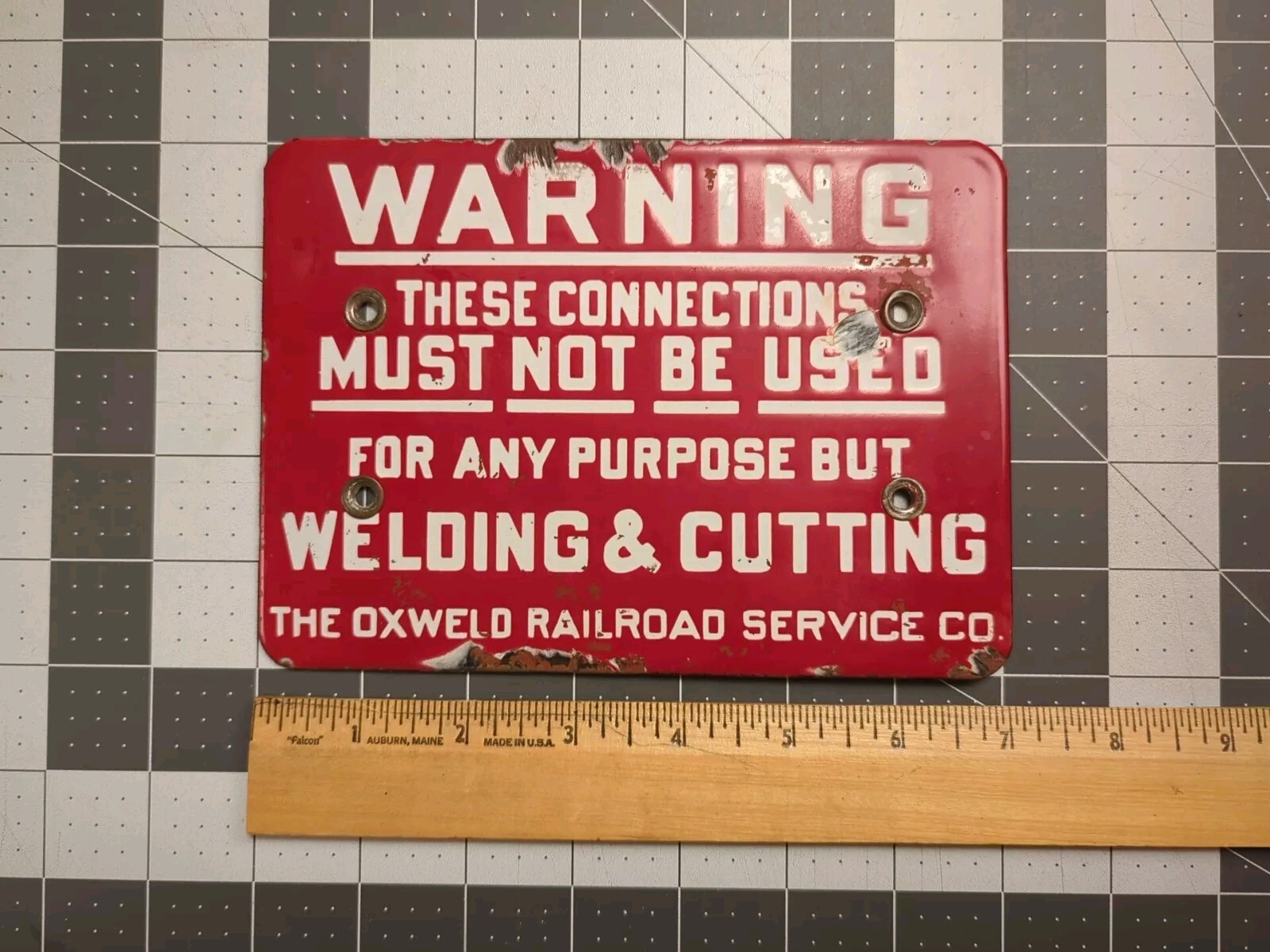Vintage Red Porcelain WARNING Oxweld Rail Road Welding & Cutting Plaque Sign