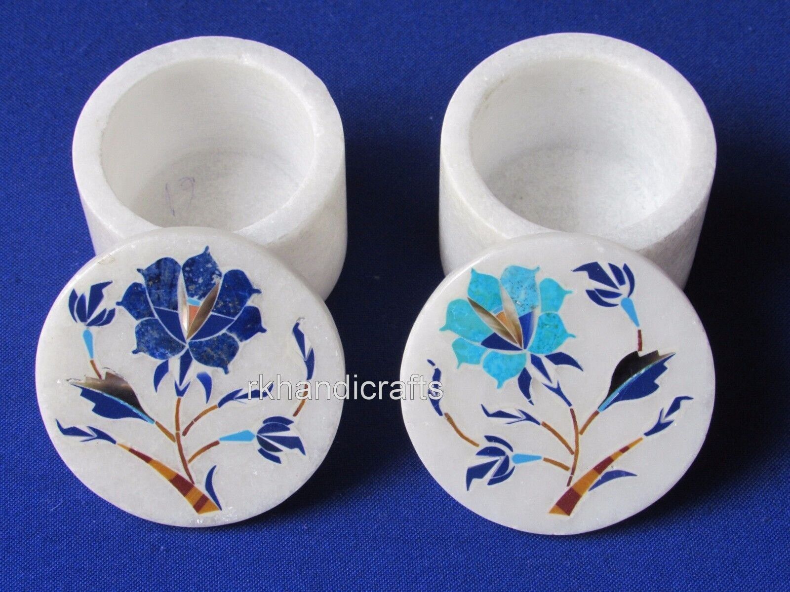 Set of 2 Pieces Handmade Trinket Box Round Marble Rubber Band Box 2.5 Inches