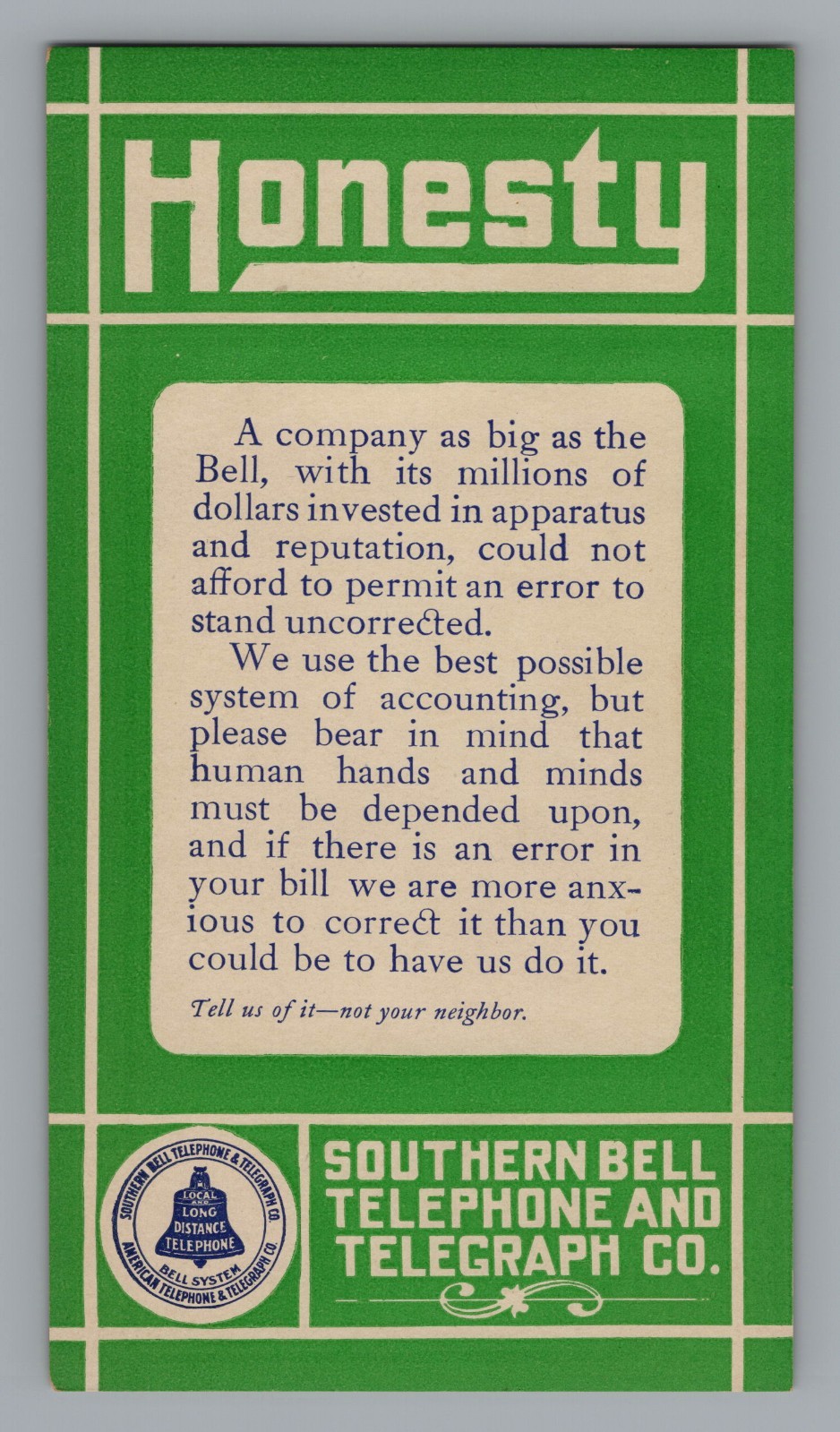 Antique 1910s Southern Bell Telephone Telegraph Honesty Advertising Insert Card Antique 1910s Southern Bell Telephone Telegraph Honesty Advertising Insert Card