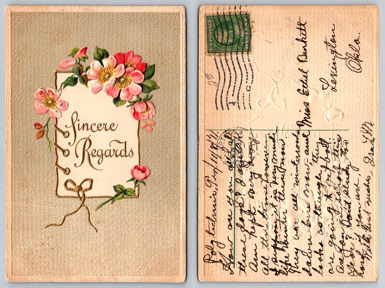 Vintage 1917 Perry OK Postcard Sincere Regards Embossed Wild Roses Flowers