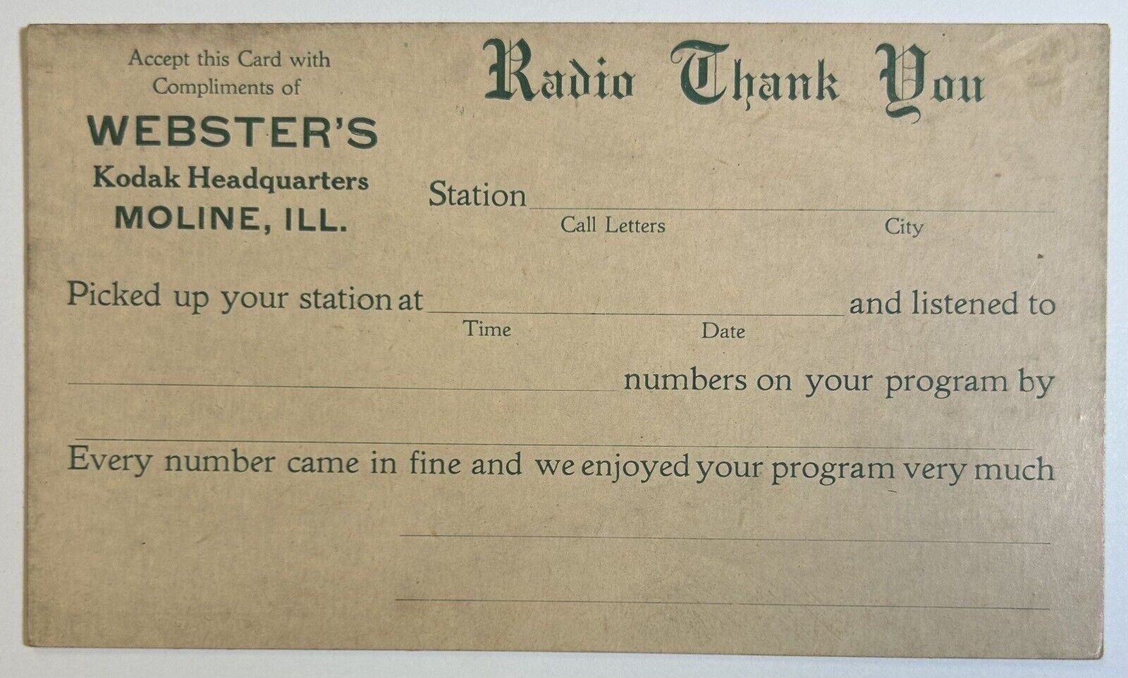 Webster’s Kodak Headquarters Moline, Illinois Antique Postcard, Unposted Card