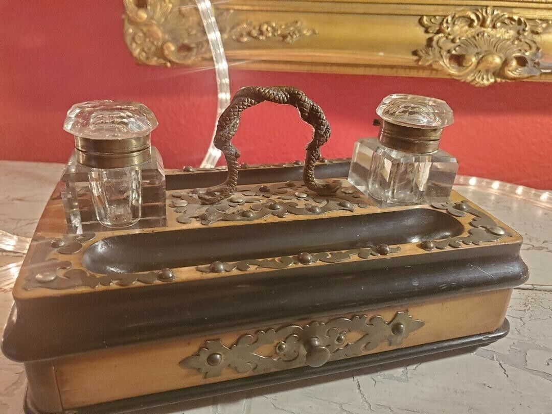 Victorian Double Inkwell Writing Box w Crystal & Decorative Brass Serpent Handle