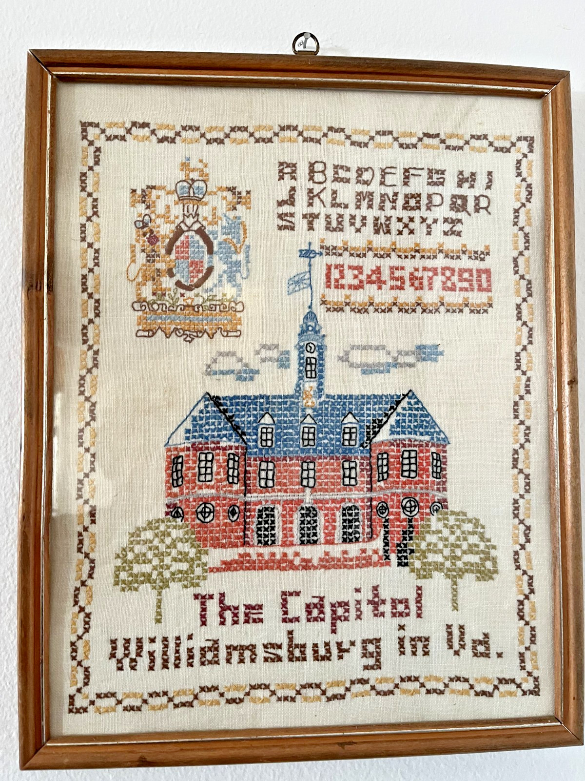 VTG Framed Cross Stitch Sampler Williamsburg Capital Alphabet 15x12 Cottage Core
