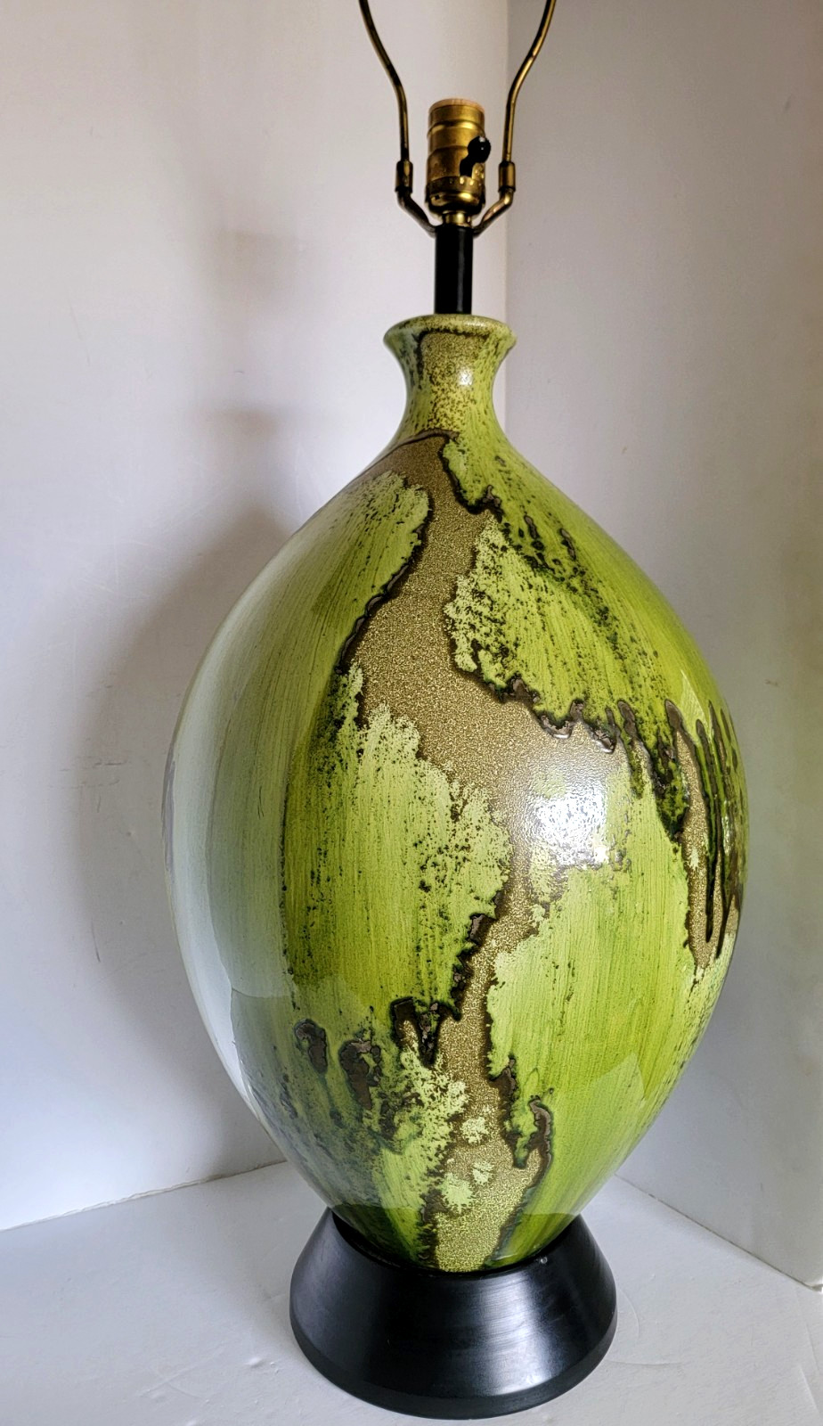 Vintage MCM Ceramic Art XXL Lamp Intricate Abstract Drip Glaze Green 60's