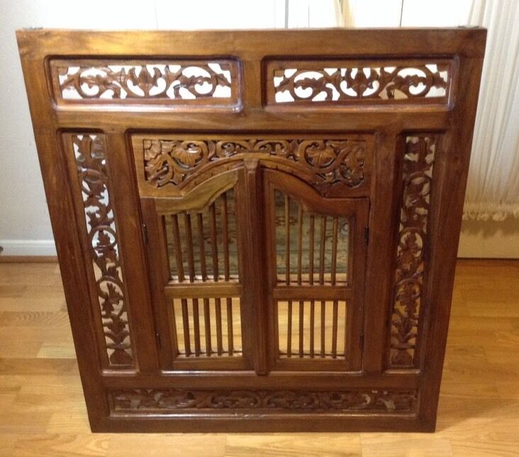 Ornate Asian Hand Carved Wood Window Frame Wall Art Panel With Mirror & 2Doors