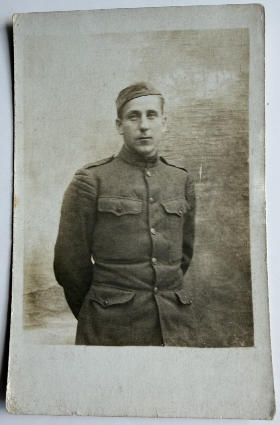 WWI US Soldier RPPC Studio Portrait Uniform Sarthe French Photographer 