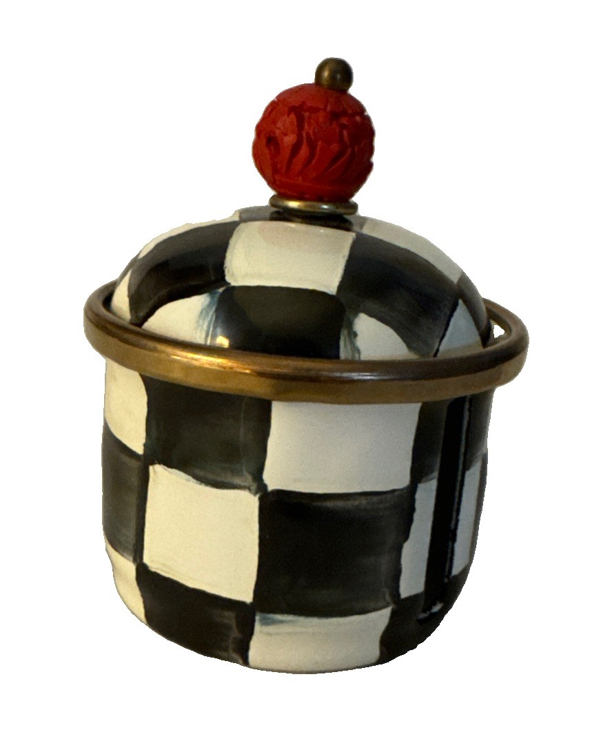 RARE Mackenzie Childs Courtley Check Stamp Holder Dispenser Mini Canister