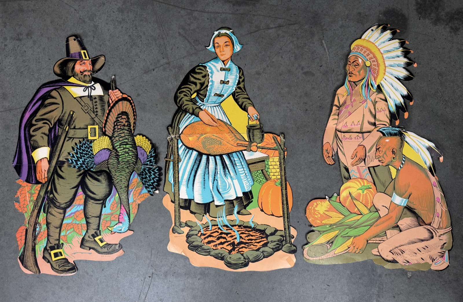 Vintage Beistle Thanksgiving Die Cut Cutouts Pilgrim Native American Turkey Lot