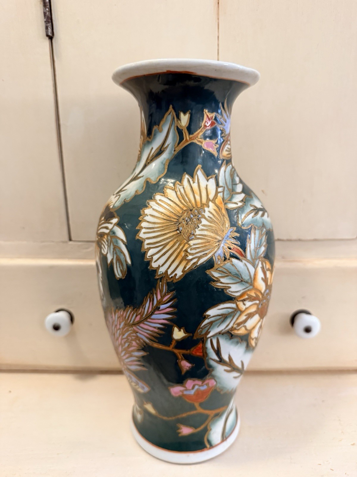 Vintage Green And Gold Hand Painted Vase Japanese Style Decorative 12” Tall