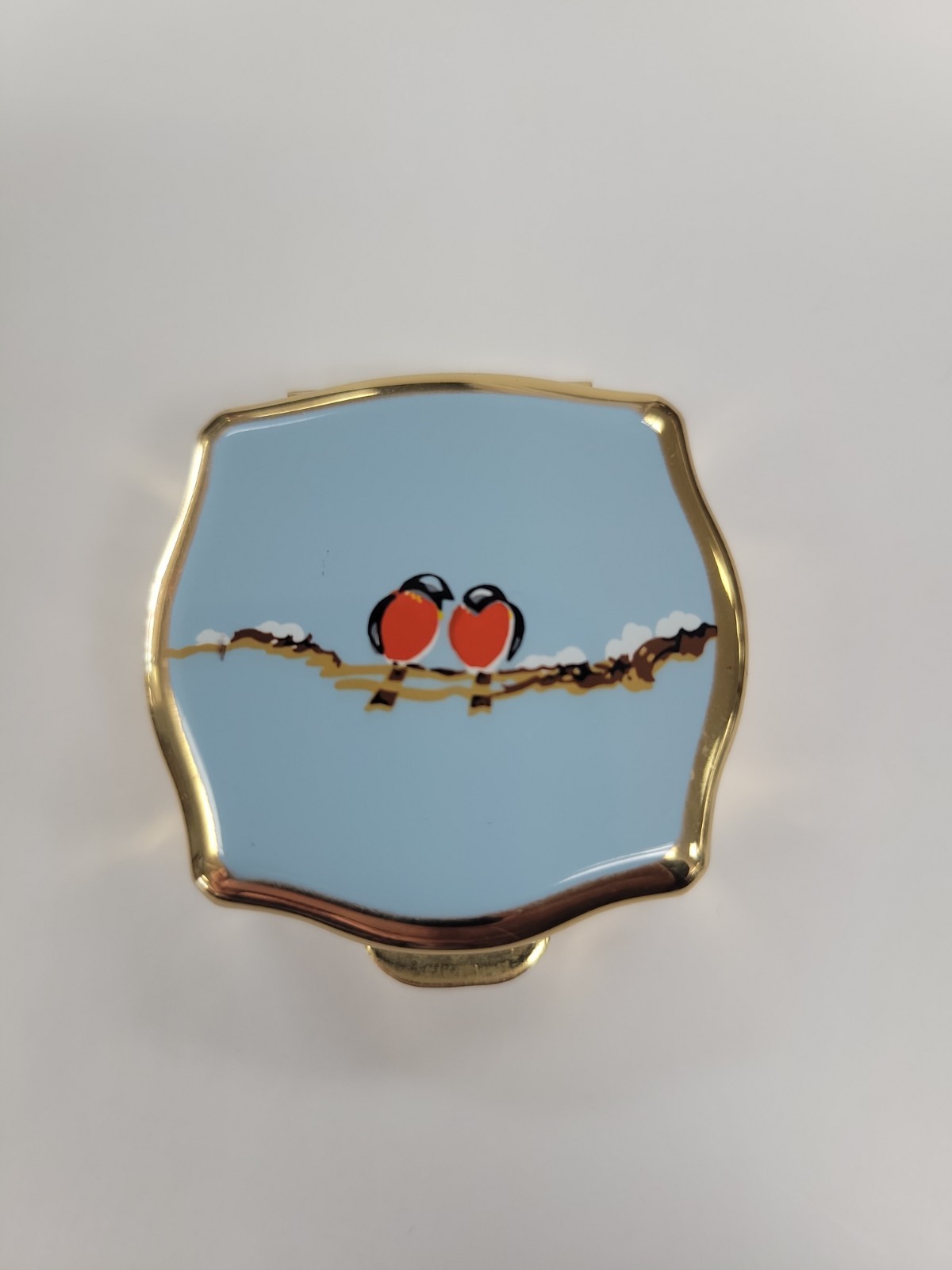 VTG Stratton England Mini Pill Box Gold Enamel Red Breast Winter Birds