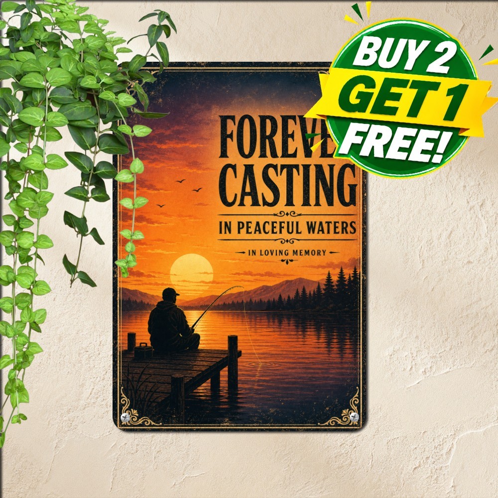 Sunset Lake Fishing Memorial Sign Silhouette Angler Tribute Metal Tin Plaque