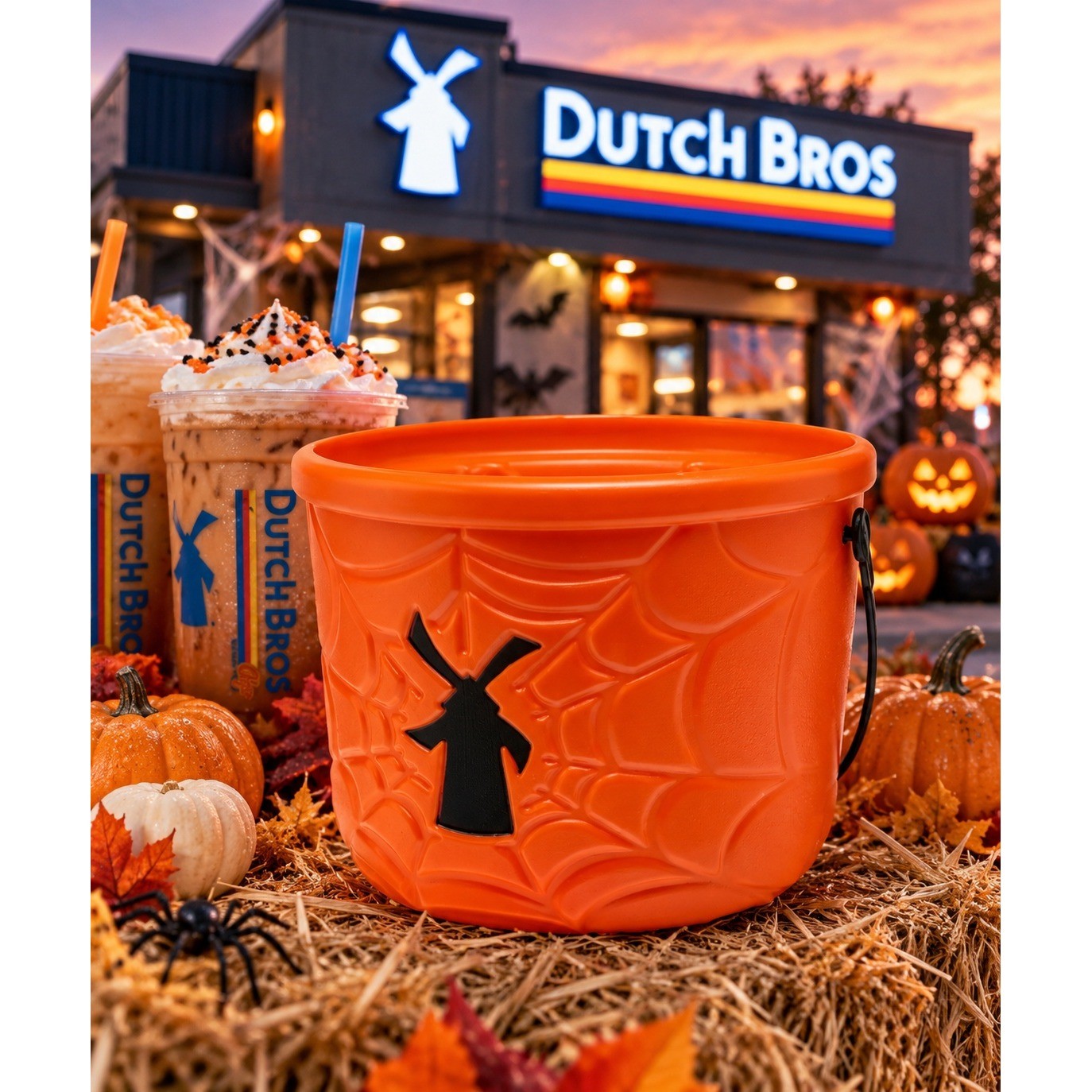 Dutch Bros Halloween Bucket Orange Spiderweb Windmill Trick or Treat 2026
