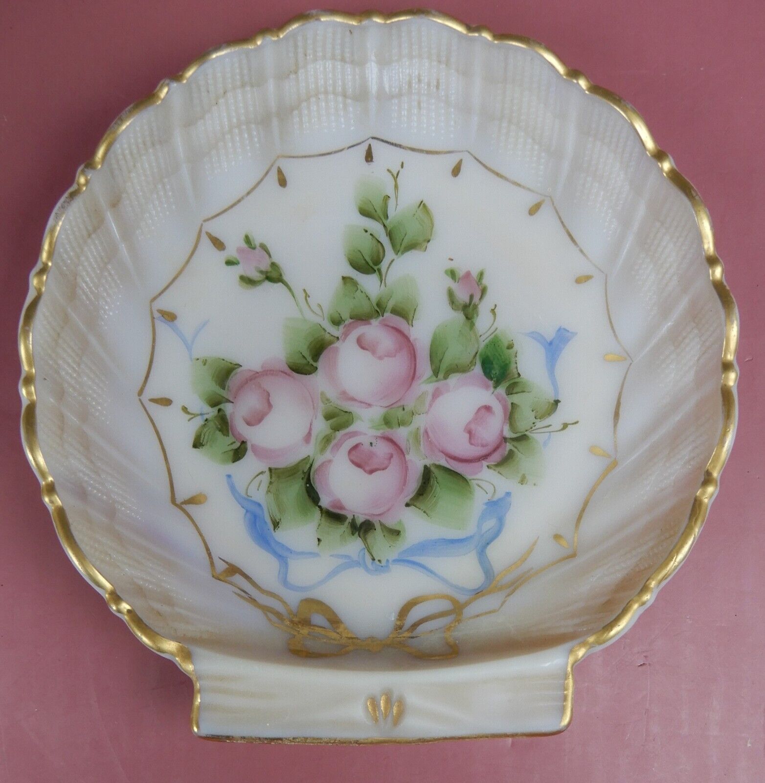 Cambridge Crown Tuscan Pink Milk Glass Dish Hand Decorated Charleston Roses