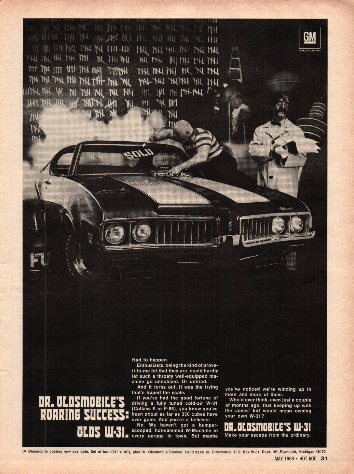 Dr Oldsmobile's Roaring Success Olds W-31 Vintage Print Ad 1969