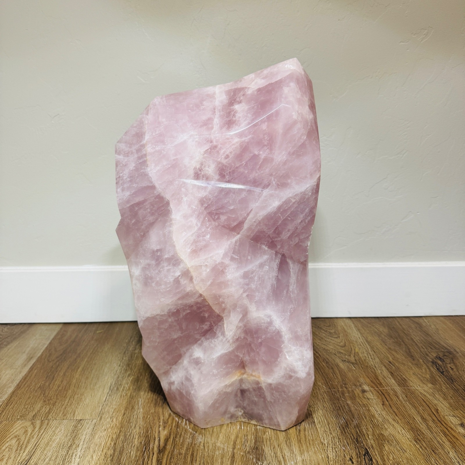 Rose Quartz XXL Faceted Freeform Pink Crystal with Flat Back for display, 83.2lb