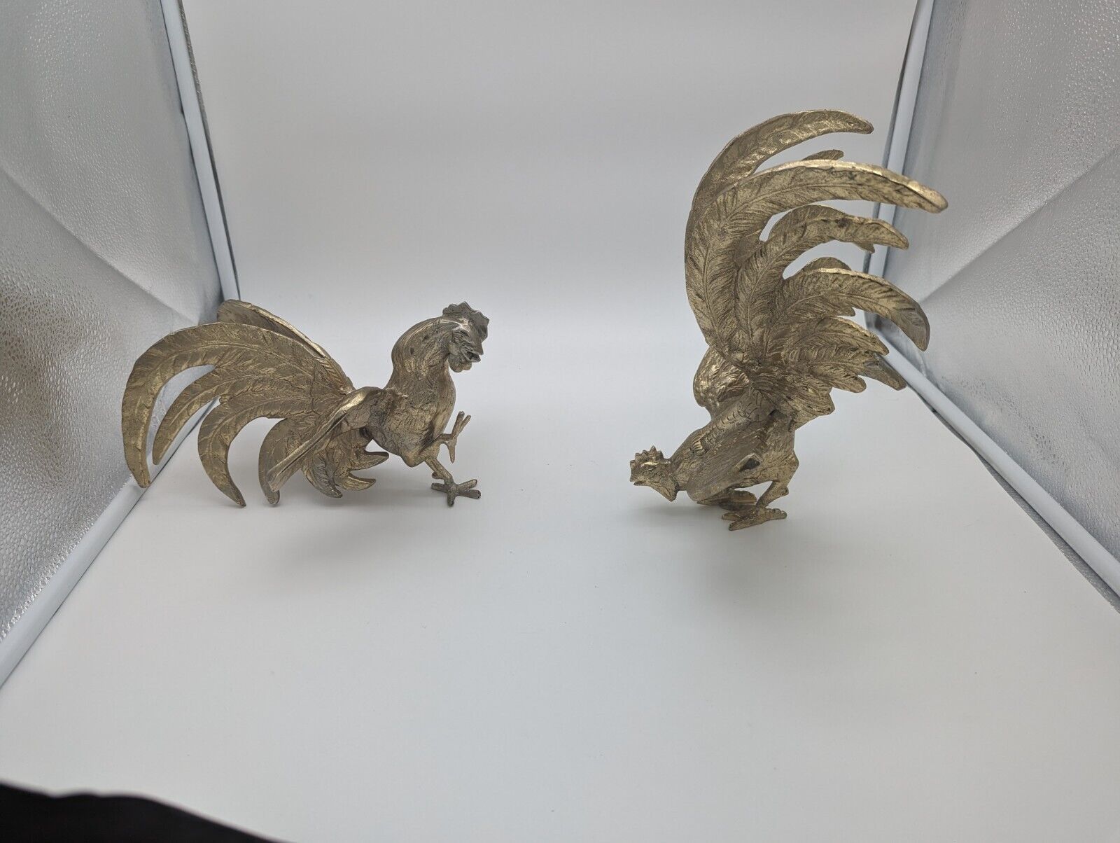 60s Vintage Cast Brass Fighting Cocks Roosters Chickens Figurines Set Of Two 
