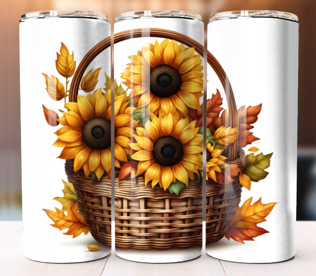Fall Autumn Sunflower Basket  20oz Tumbler 20 oz Skinny Cup Mug Lid Straw