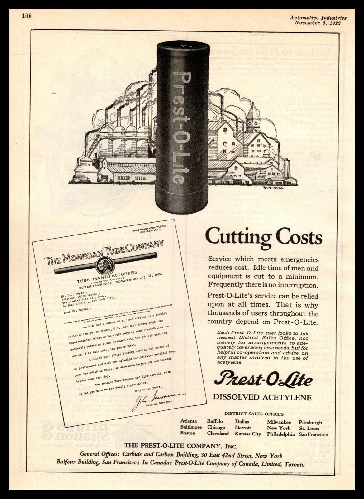 1922 Prest-O-Lite Dissolved Acetylene Mohegan Tube Sam Moss Art Vintage Print Ad