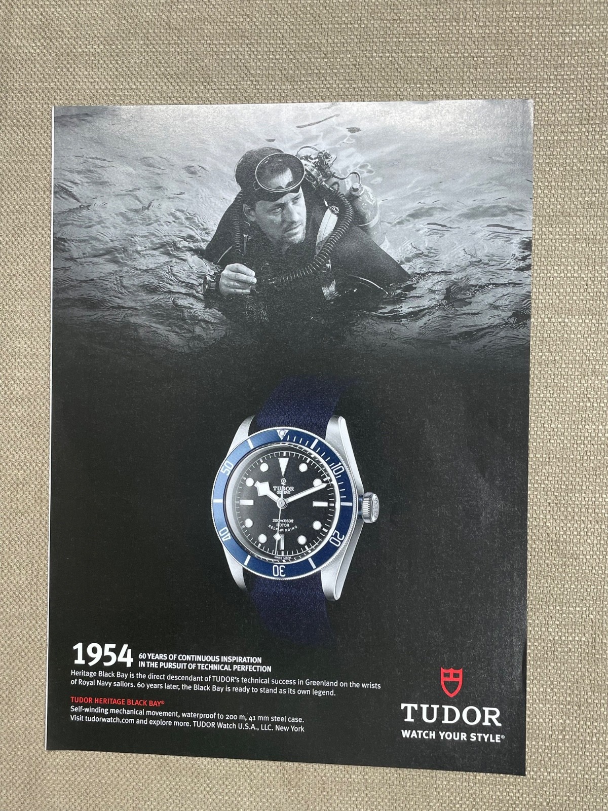 Tudor Heritage Black Bay 2014 Magazine Advertisement Ad Scuba Diver