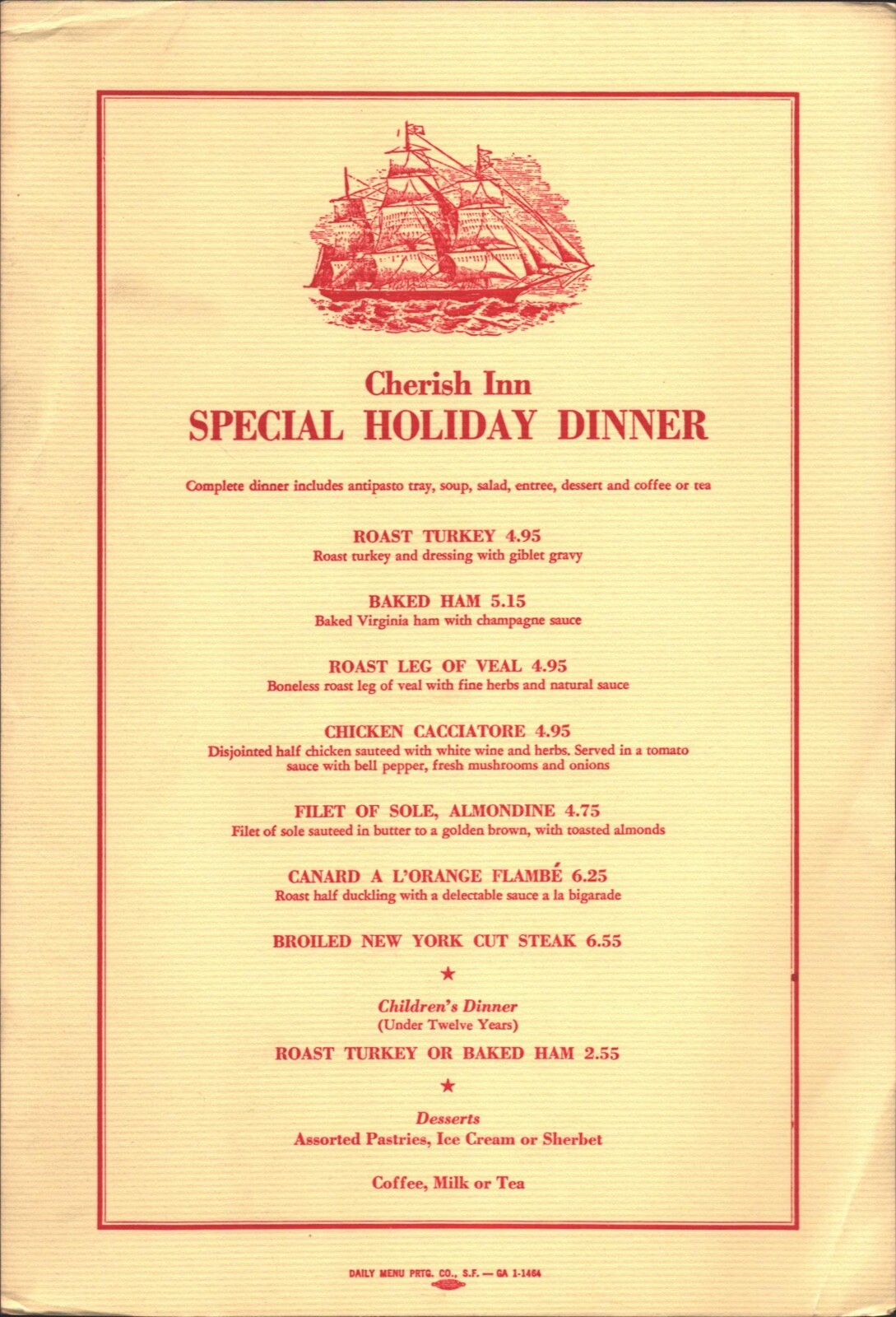 1960s CHERISH INN vintage special holiday dinner menu MILL VALLEY, CALIFORNIA