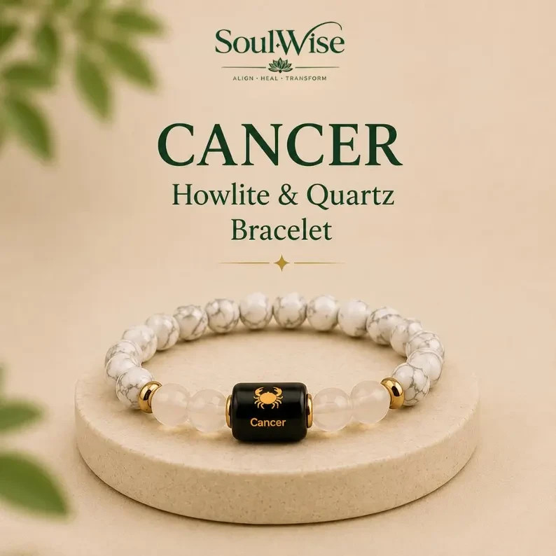 Cancer Zodiac Bracelet Howlite Clear Quartz Handmade Crystal Beaded Gift