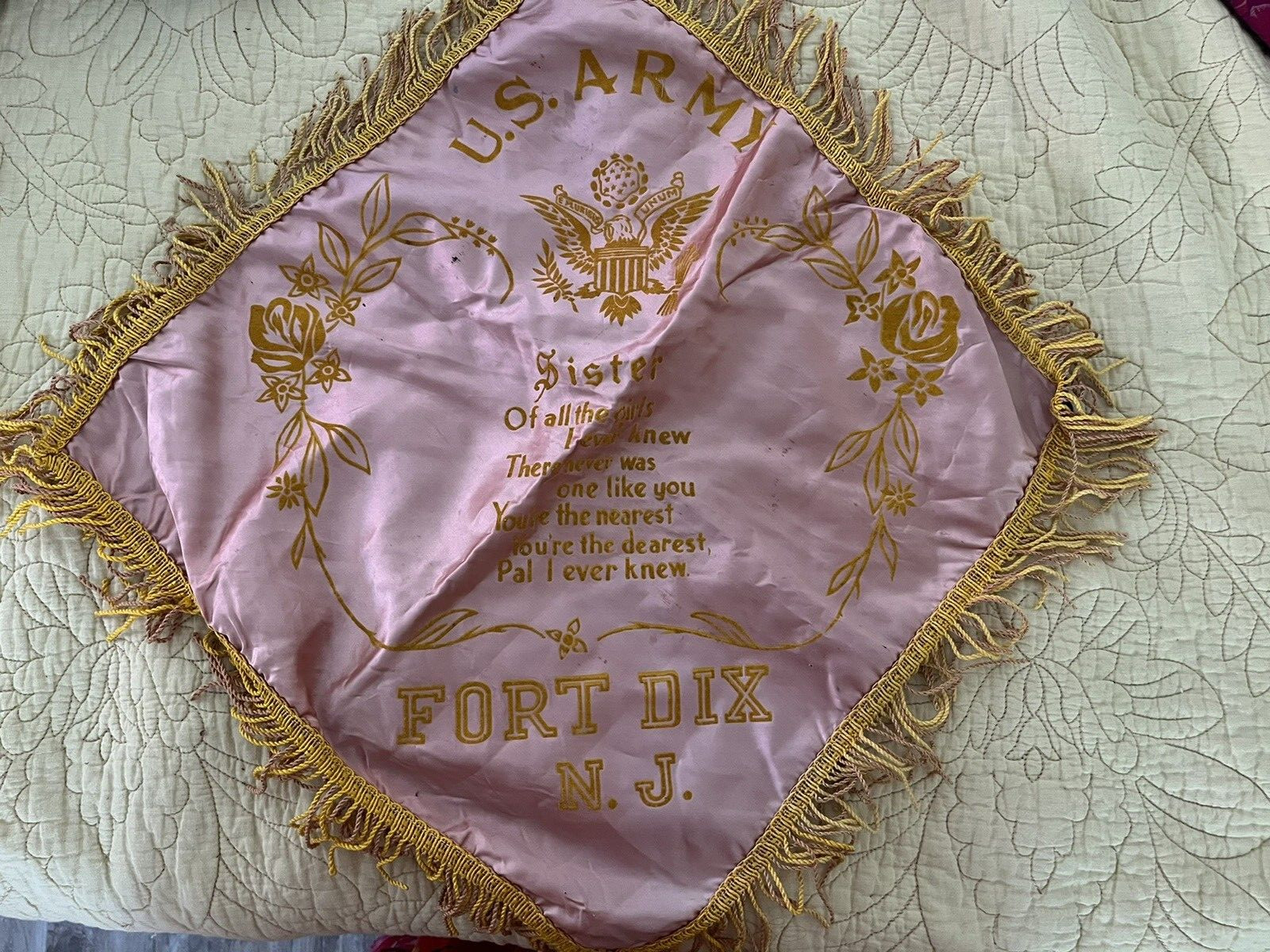 Vintage US Army Sister Throw Pillow Cover, Fringed Satin, Fort Dix