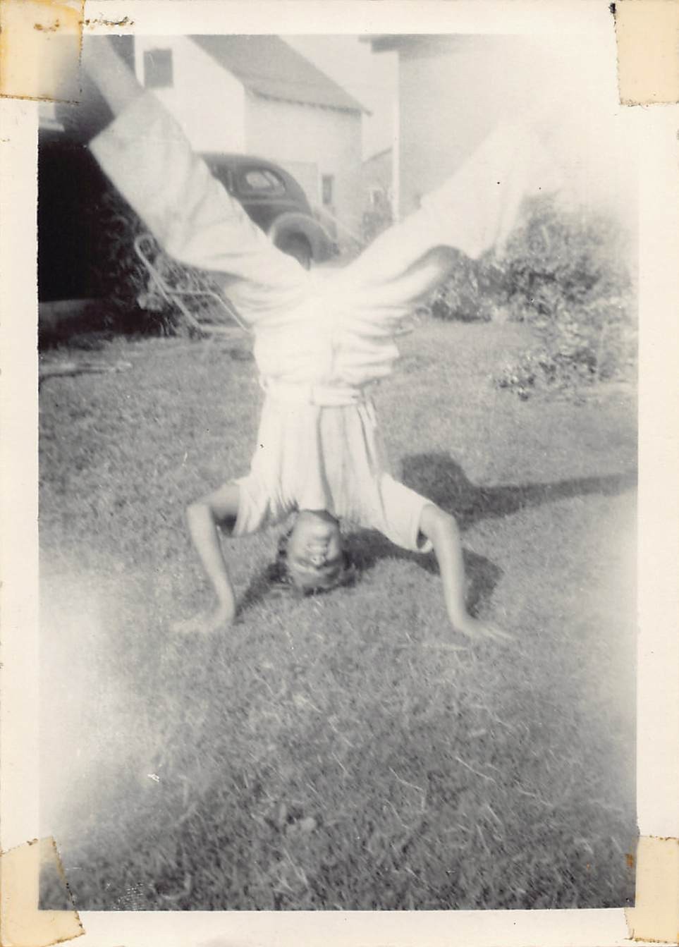 Boy Headstand Handstand 1940s Photo Backyard Houses Car Silly Grass Summertime