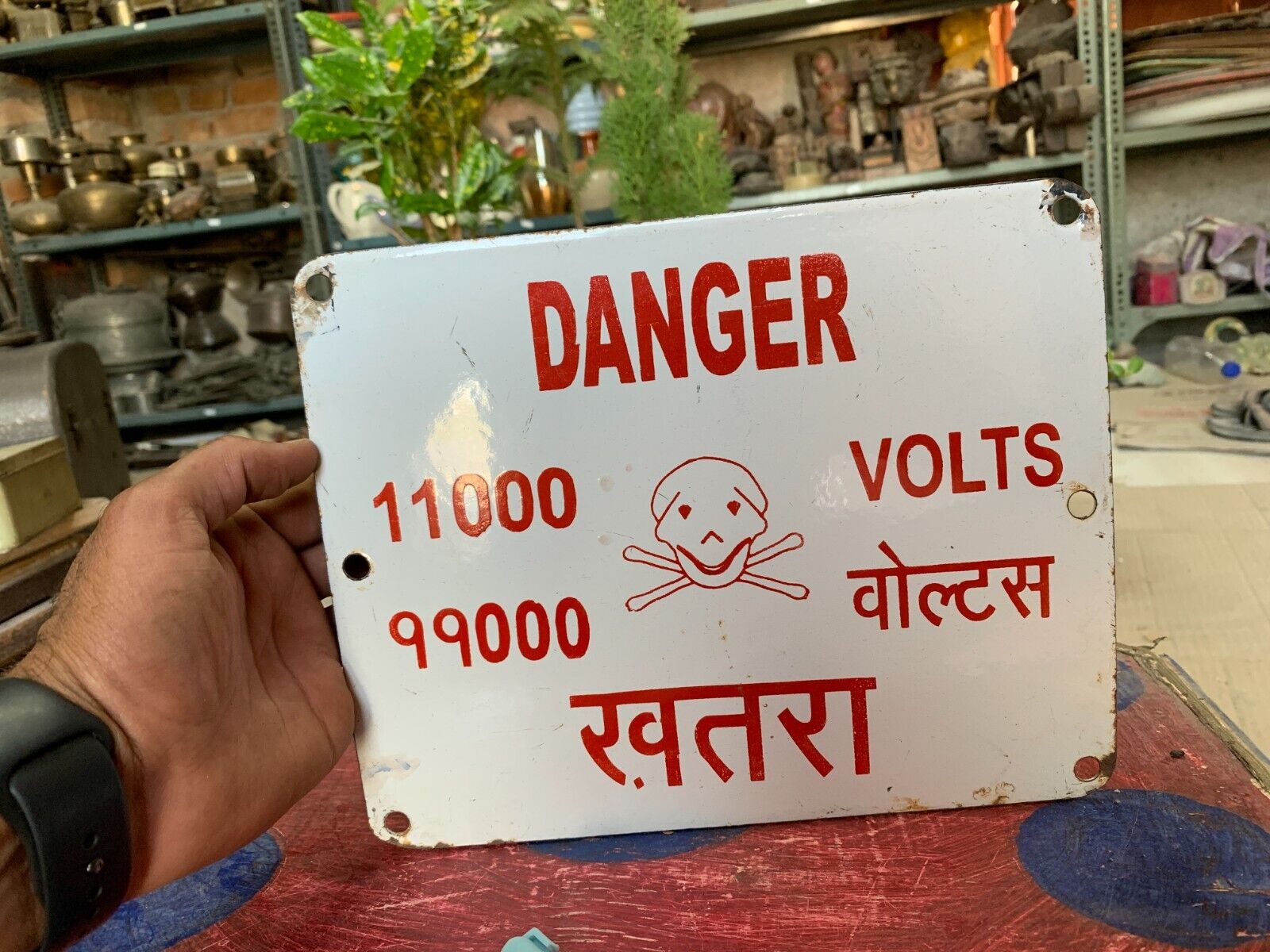 Vintage Warning Sign 11000 Volts Caution Danger Enamel Litho Tin Sign Board