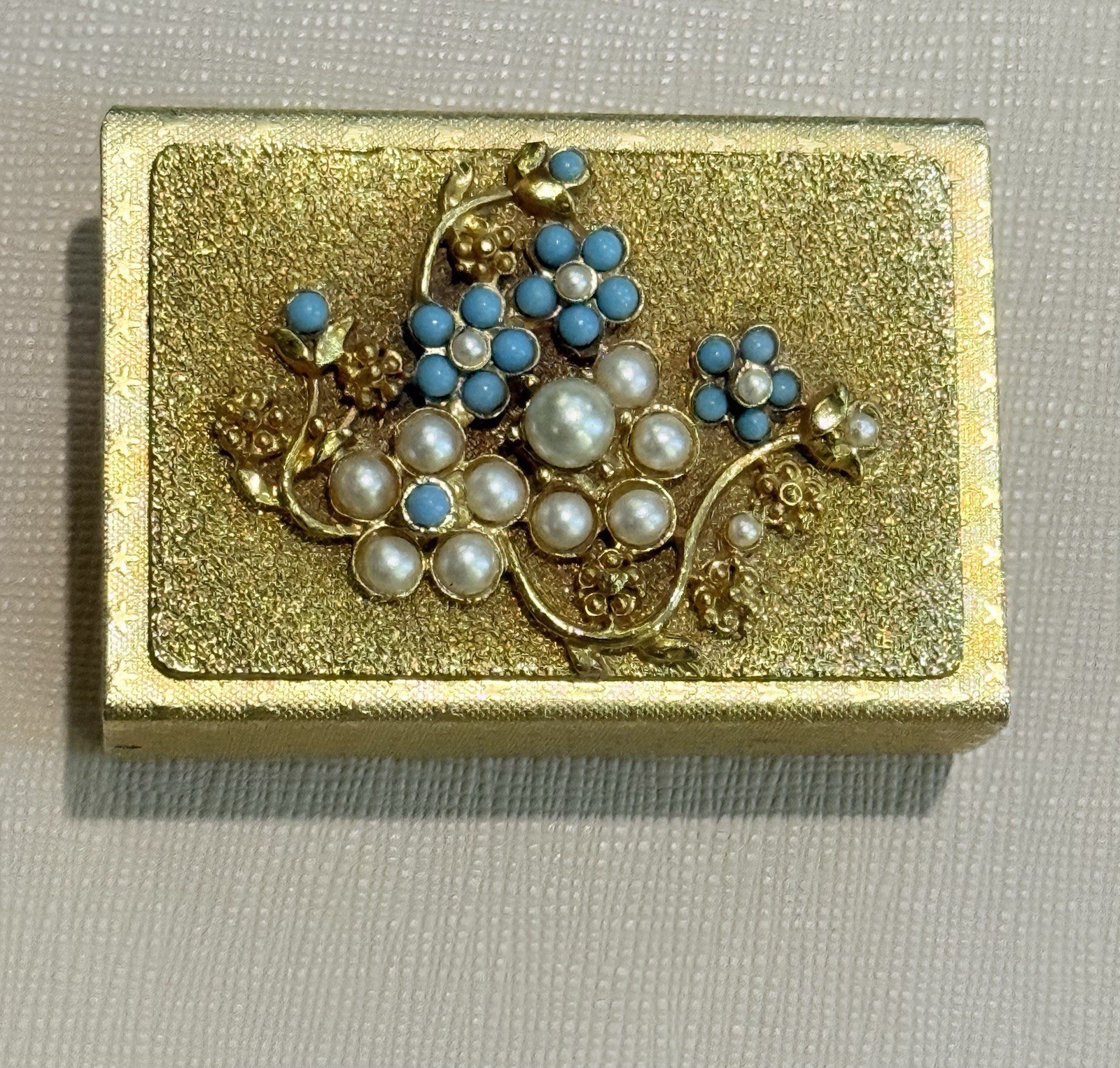 Vintage Mirella Gilded Matchbox Holder W/Faux Pearls And Faux Turquoise Accents Vintage Mirella Gilded Matchbox Holder W/Faux Pearls And Faux Turquoise Accents