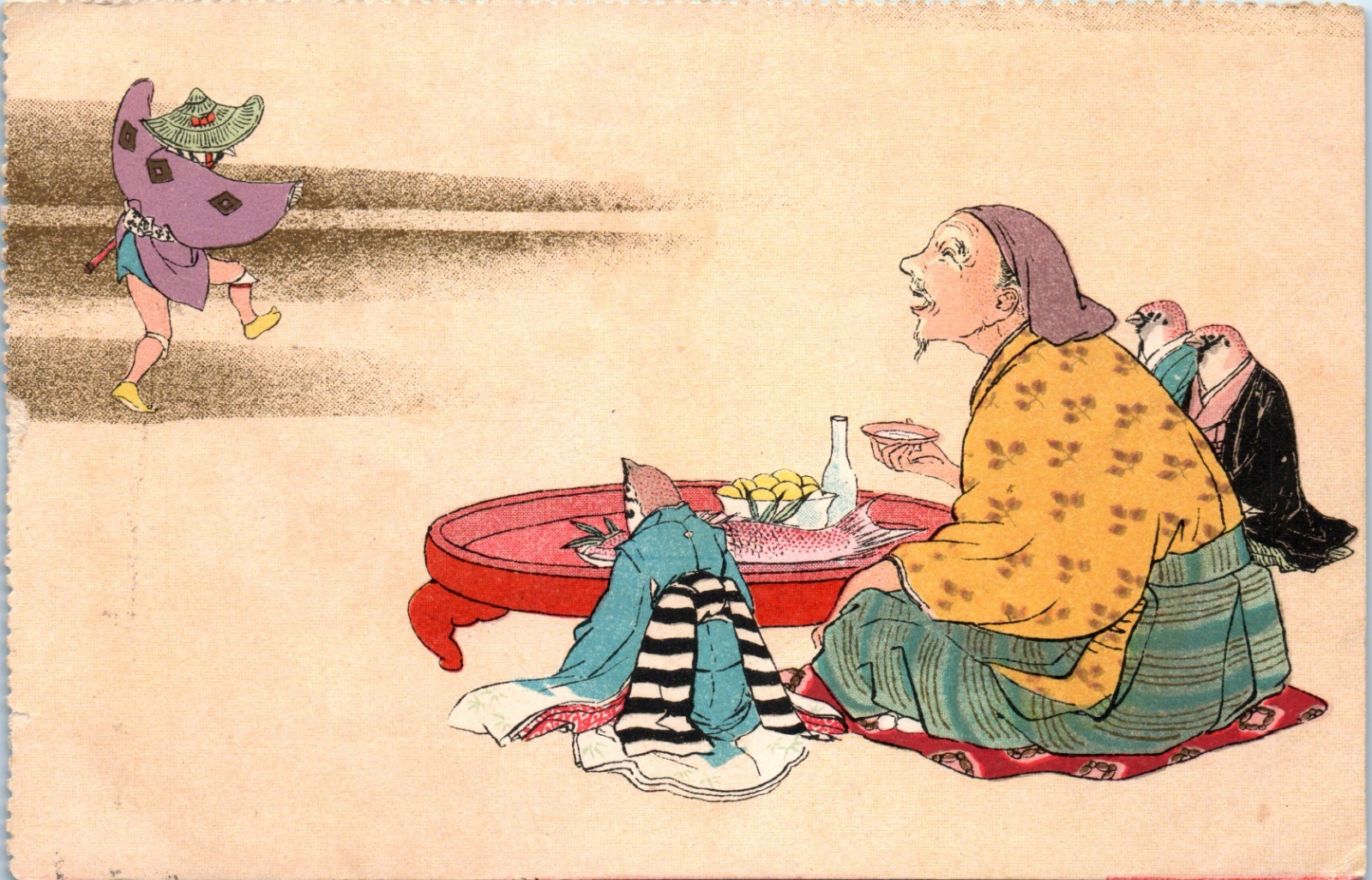 Vintage Postcard Japanese Art Scene Ukiyo Style Dining Table Figures Illustratio Vintage Postcard Japanese Art Scene Ukiyo Style Dining Table Figures Illustratio