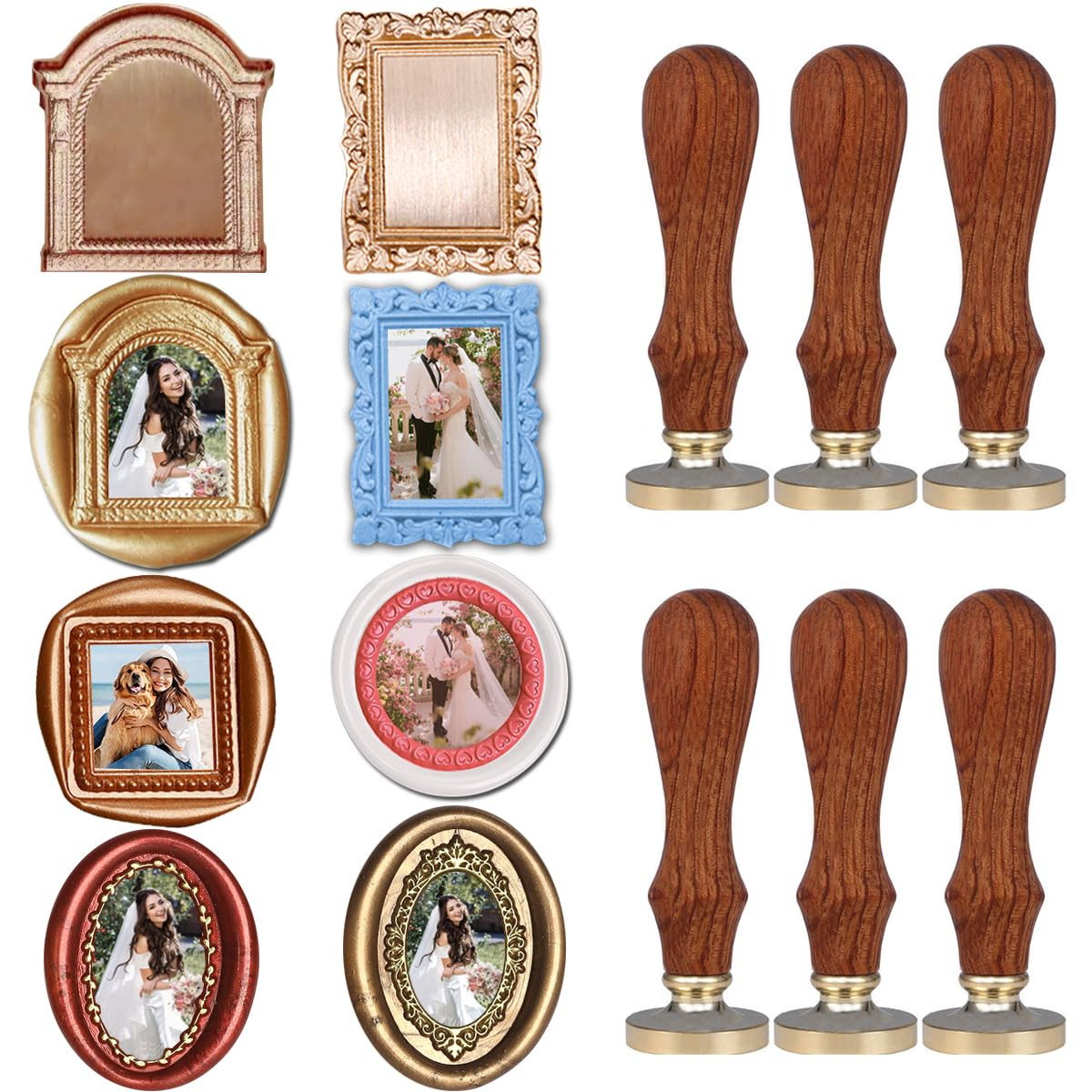 6Pcs 3D Relief Frame Wax Seal Stamp, Removable Brass Heads with 6 Wooden Handle,