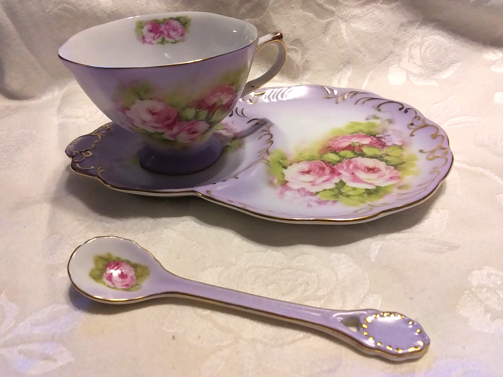Vtg Victorias Garden 3 pc cup plate spoon set collector lot beautiful rare china