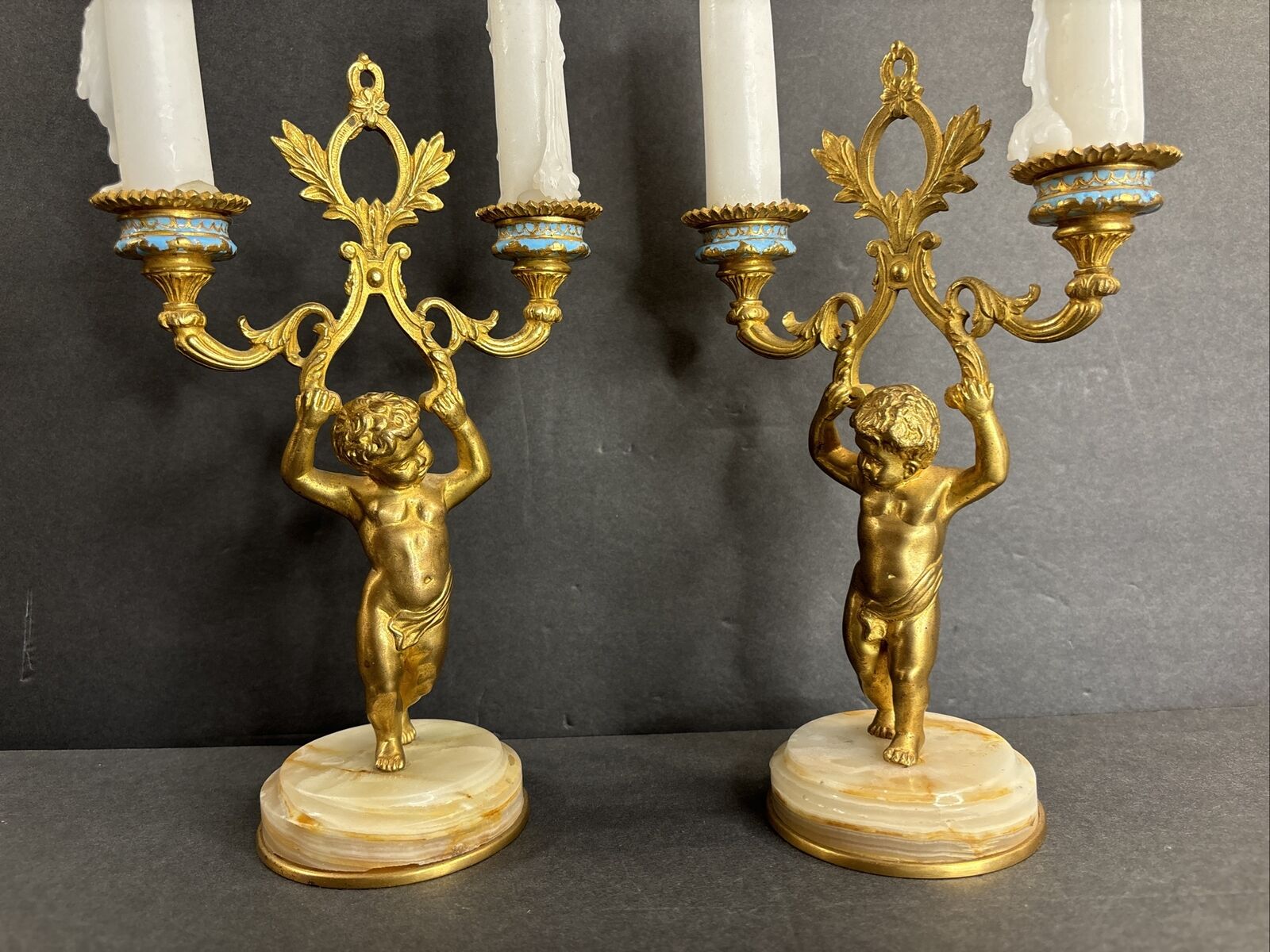 Pair Of Antique Candelabra/Enamel/Bronze/Candle Holders/Cherub/Onyx/France C1920