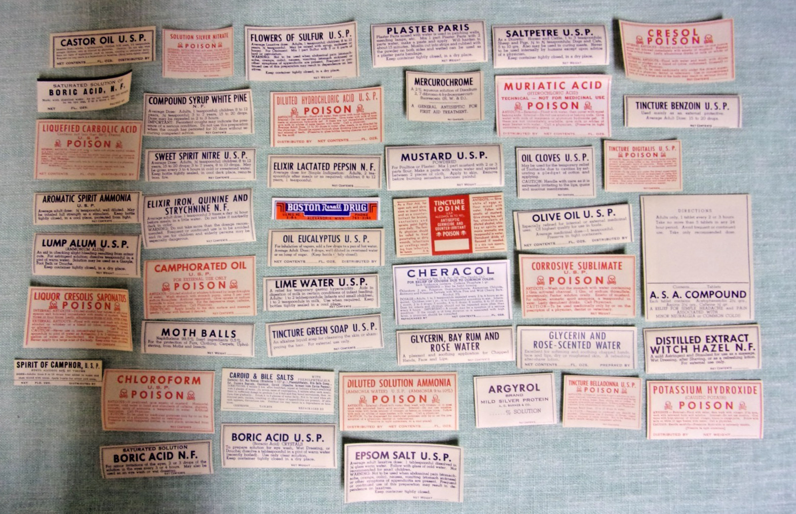 46 DIFFERENT VINTAGE PHARMACY MEDICINE APOTHECARY BOTTLE LABELS POISONS ETC.