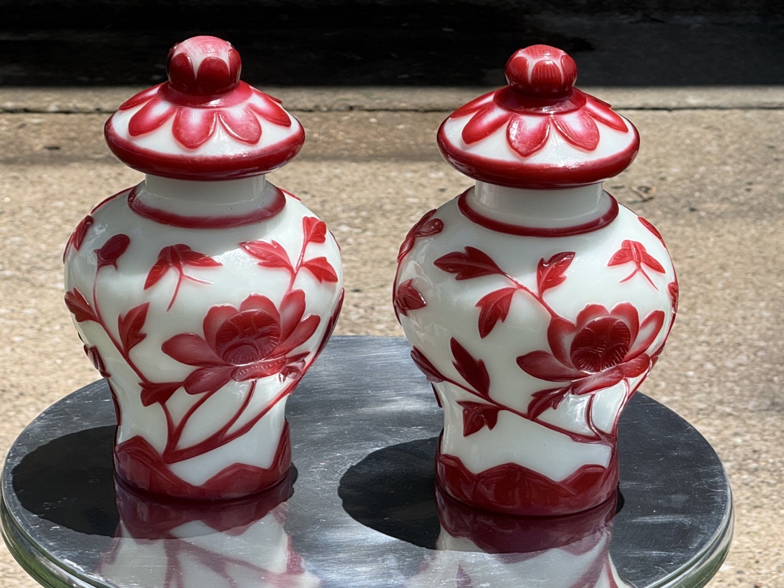 Pair of Antique Chinese Peking Glass Red Overlay Ginger Jars | HandCarved Floral