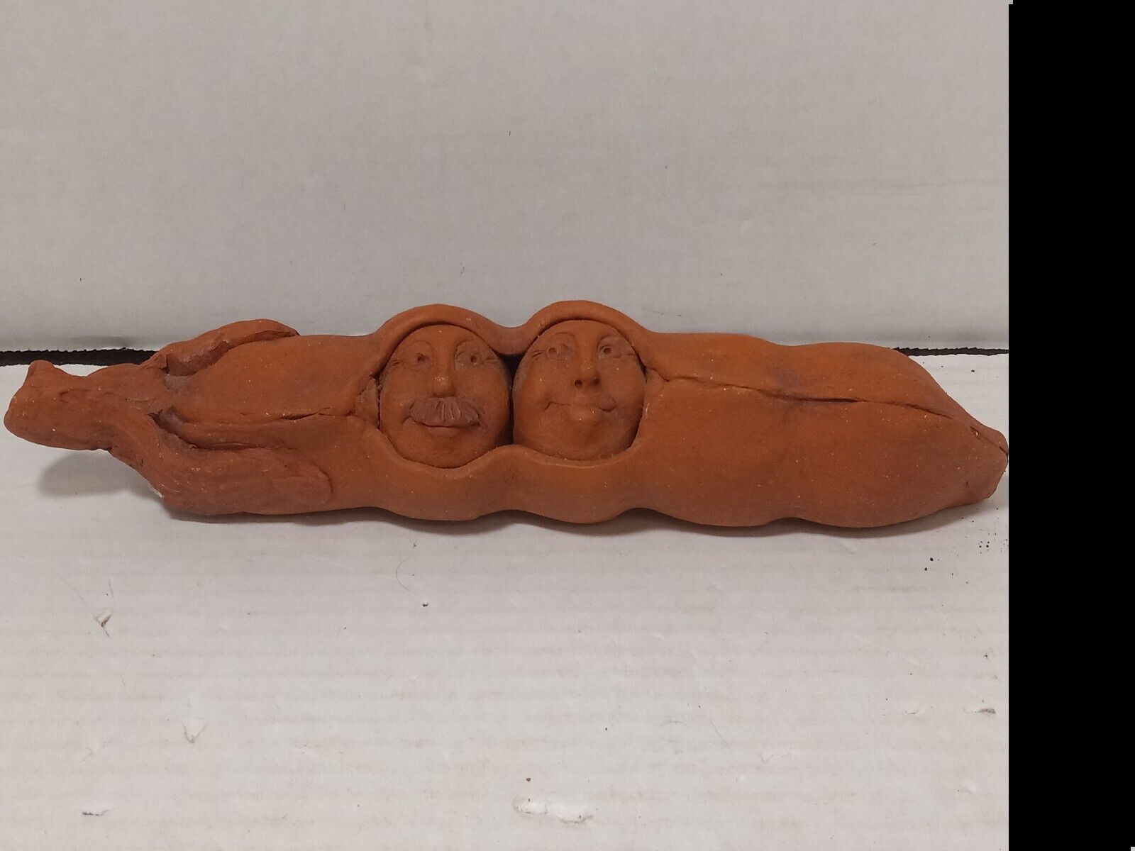 Artisan Handmade Pottery Clay 2 Peas in a Pod Figure Faces Signed