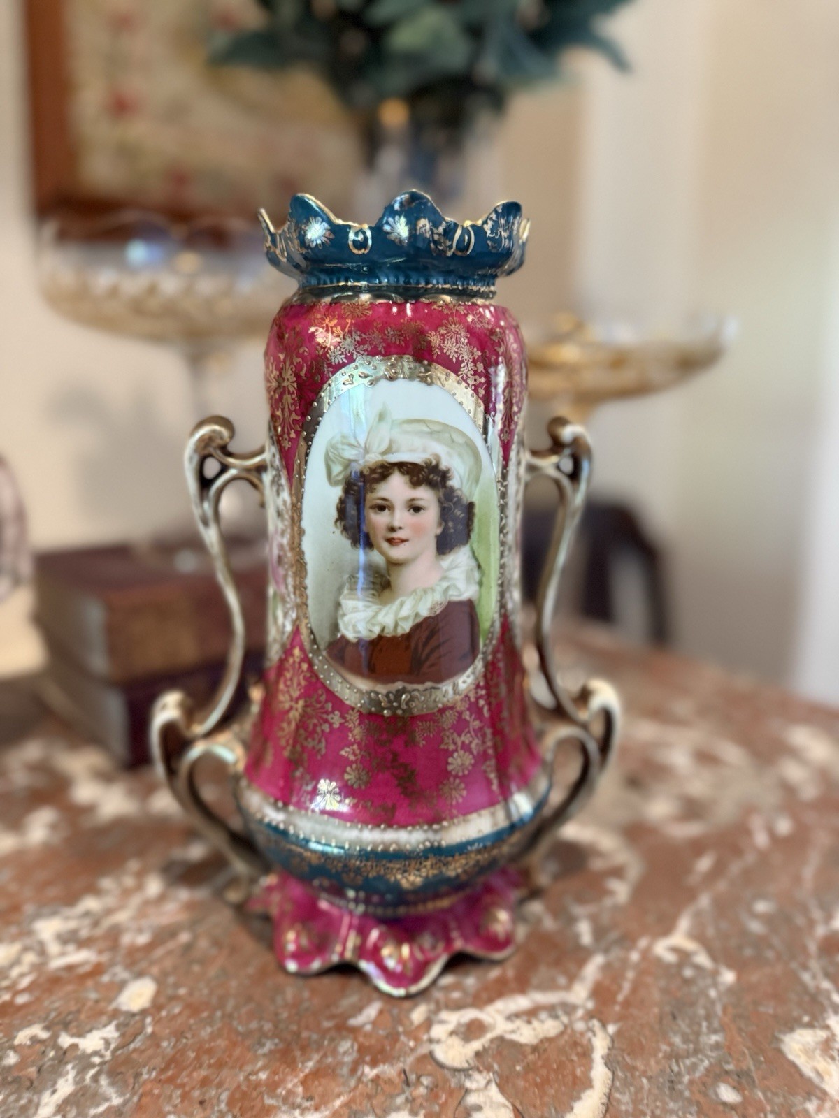 Antique Royal Vienna Germany 10” Portrait Vase Pink Cobalt Gilt Ornate Handles