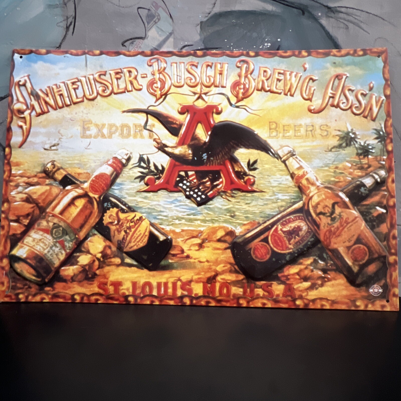 ANHEUSER-BUSCH BREW'G ASS'N TIN TACKER Metal sign advertisement Vg Pre-owned 