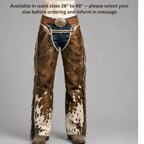 Brown White Cowhide Leather Fringe Chaps Western Rodeo Riding Overpants Men