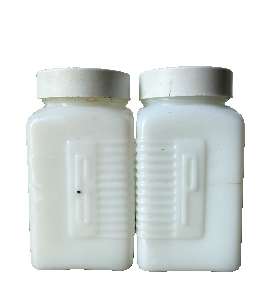 Vintage Salt & Pepper Milk glass Set McKee Embossed Art Deco Shakers Set Vintage Salt & Pepper Milk glass Set McKee Embossed Art Deco Shakers Set