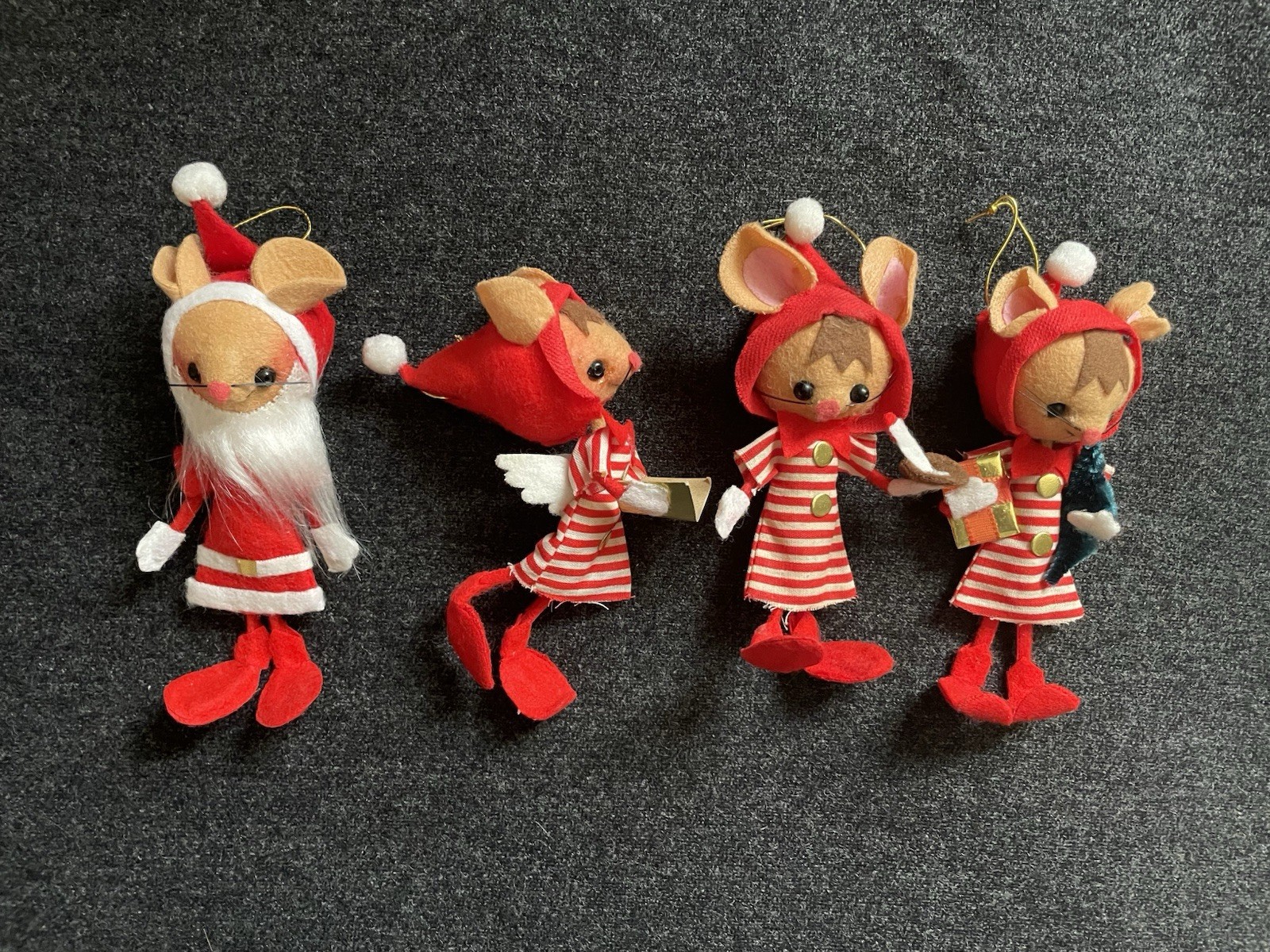 4 Vtg 1960s Elf Santa Flocked Felt Christmas Mouse Ornaments