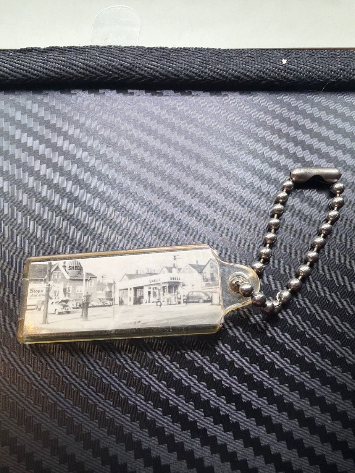 Vintage 1950s Shell Gas Station Photo Keychain Lucite Fob Old Cars Advertising