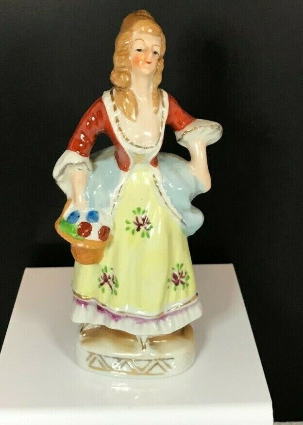 Vintage Victorian Lady with Flower Basket Hand Painted Porcelain Figurine- Japan