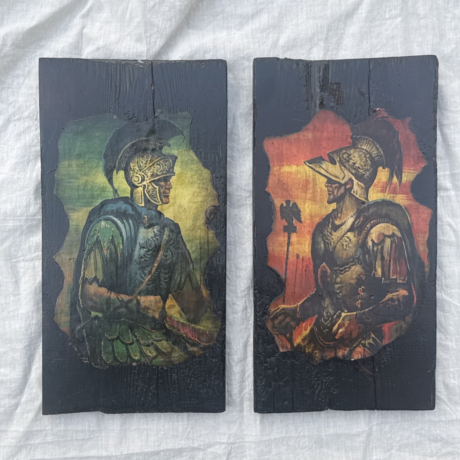 ⁠Pair Vintage MCM Decoupage Roman Soldier Centurion Wood Wall Plaques Art 1960s⁠